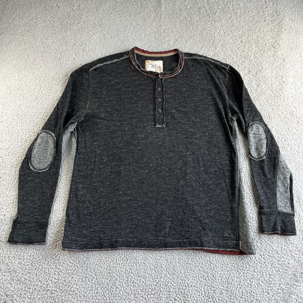 NEW 32 Bar Blues T Shirt Mens Extra Large Gray Pullover Henley Elbow Patch Sport